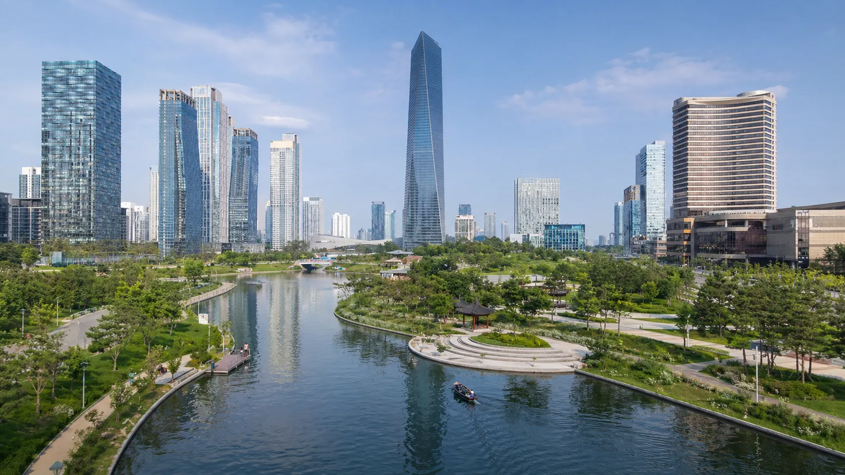 Songdo Central Park canal and high-rise skyline in Incheon, Korea